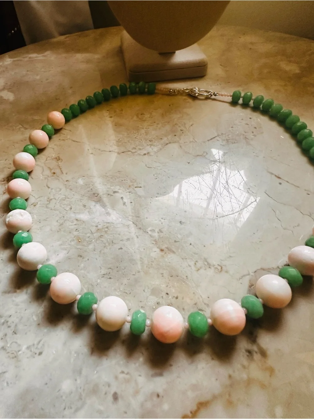 Green Genuine Jade and Pale Pink AngelSkin Coral Beaded Necklace - Women Jewelry - Picture 7 of 13